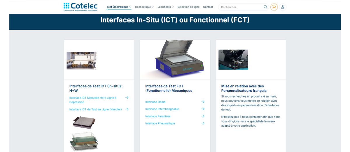 Interfaces de test, pointes de test et connectique technique pour bancs ICT et FCT